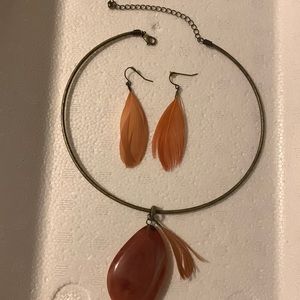 Vintage Choker w/ feather earrings and crystal charm Set.